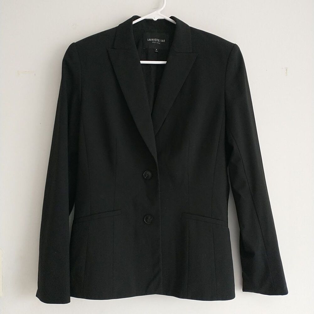 Lafayette 148 Blazer Suit Jacket Women 8 Black Wool Stretch Tailored Office
